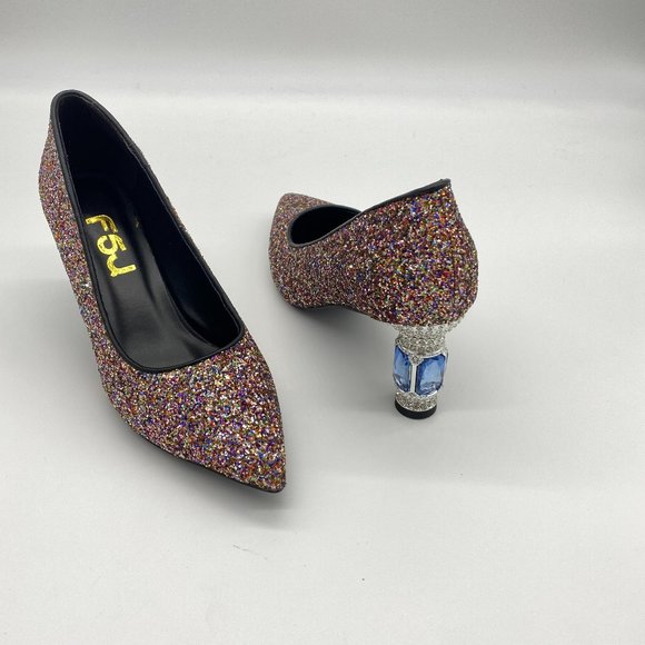 FSJ Shoes - FSJ Pointy Toe Glitter Crystal Heels Pumps Pink